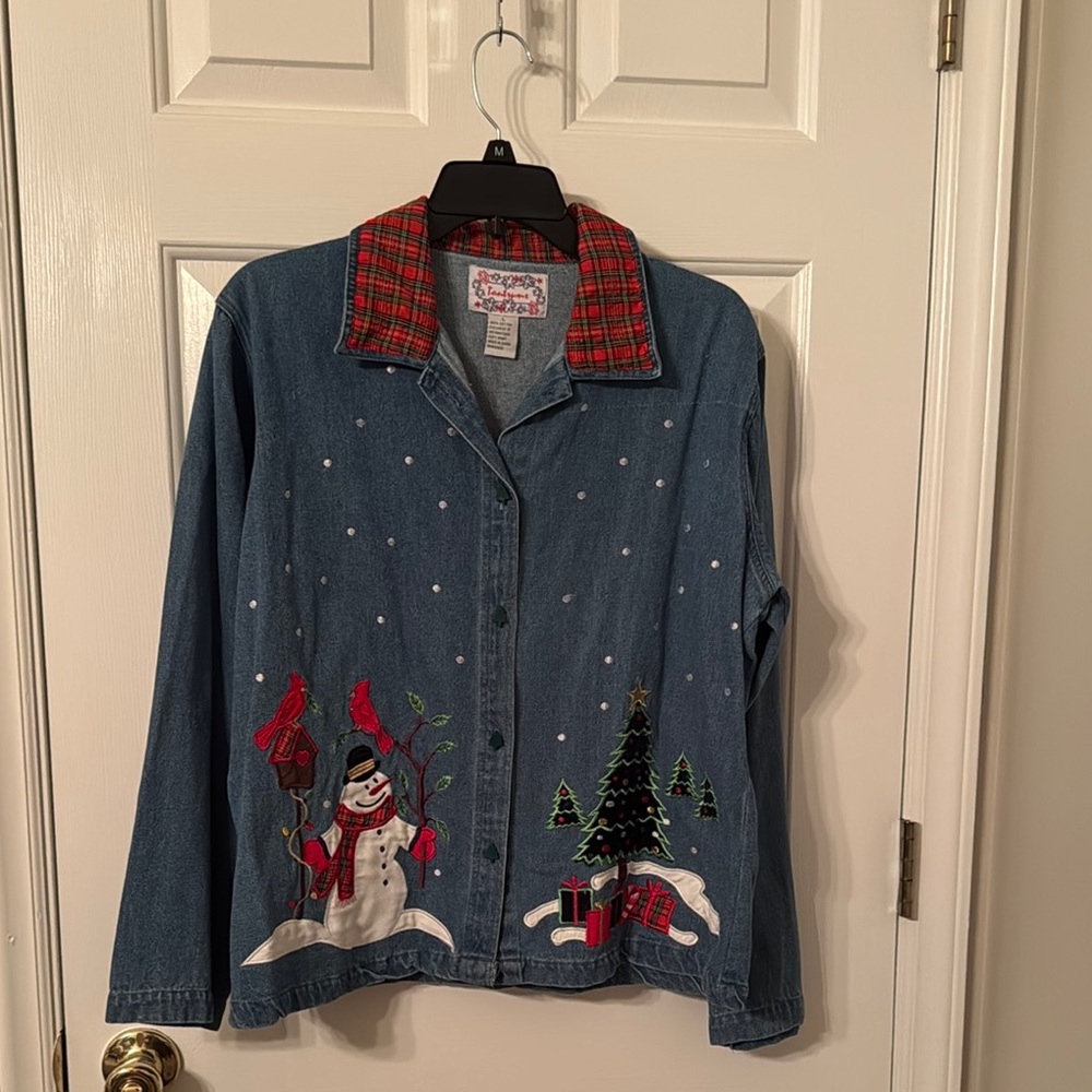 Tantrums Festive Denim Jacket with Red Plaid Collar